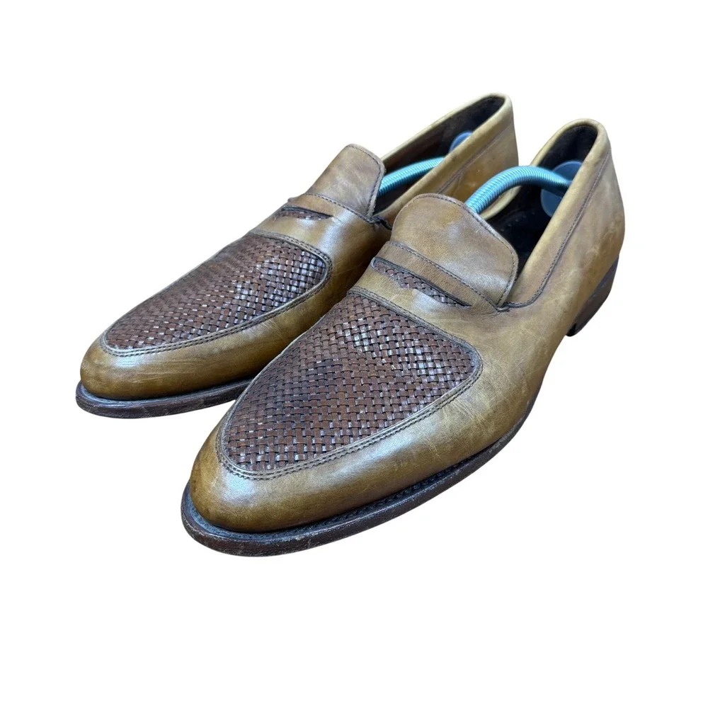 Allen Edmonds Carlstadt Loafers Mens 11.5 D Tan Woven Leather Penny Slip On Shoe